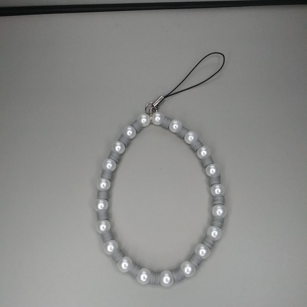 Elegant Pearl & Grey Beaded Phone Charm Strap – Chic Wristlet Style